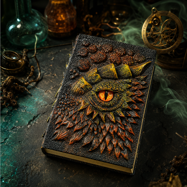 3D-s sárkányszemmel díszített jegyzetfüzet: „The Dark Book”