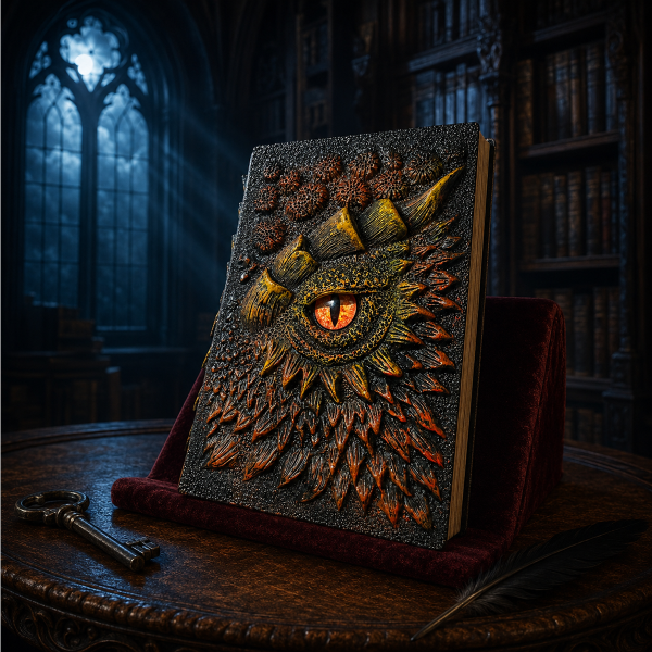 3D-s sárkányszemmel díszített jegyzetfüzet: „The Dark Book”