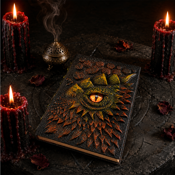 3D-s sárkányszemmel díszített jegyzetfüzet: „The Dark Book”
