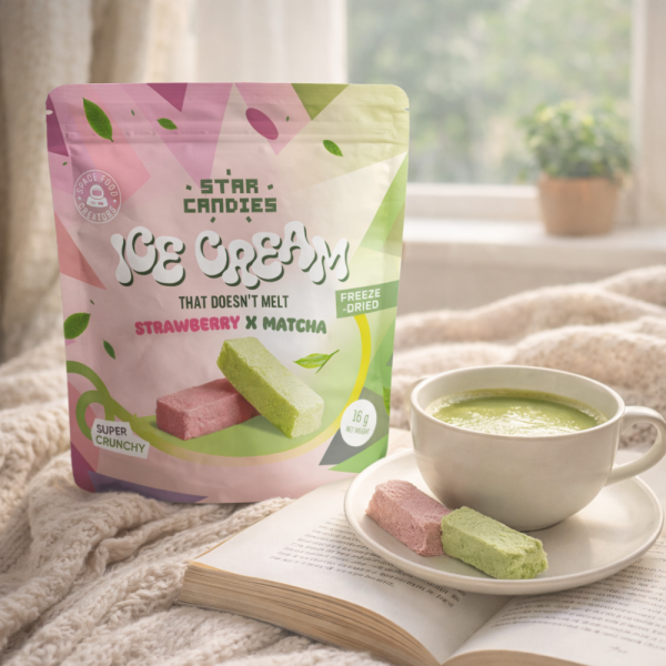 STAR CANDIES fagyasztva szárított matcha- és eperízű fagylalt, 16g