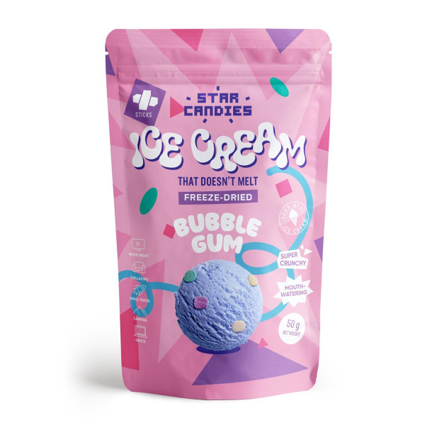 STAR CANDIES fagyasztva szárított rágógumi ízesítésű fagylalt, 50g STAR CANDIES fagyasztva szárított rágógumi ízesítésű fagylalt, 50g