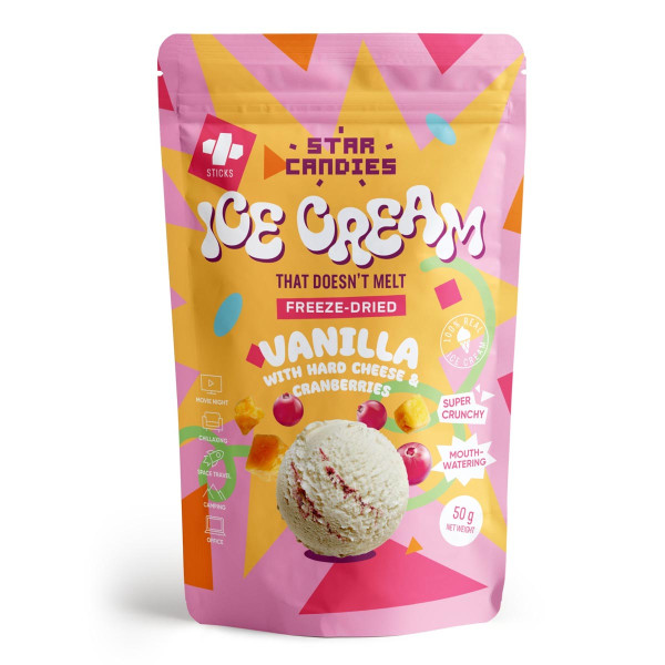 STAR CANDIES Fagyasztva szárított vaníliafagylalt érlelt sajttal és áfonyával, 50g STAR CANDIES Fagyasztva szárított vaníliafagylalt érlelt sajttal és áfonyával, 50g
