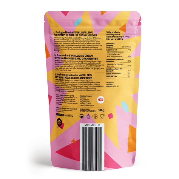 STAR CANDIES Fagyasztva szárított vaníliafagylalt érlelt sajttal és áfonyával, 50g STAR CANDIES Fagyasztva szárított vaníliafagylalt érlelt sajttal és áfonyával, 50g