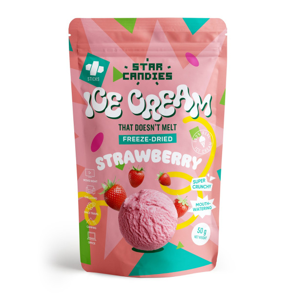 STAR CANDIES fagyasztva szárított eperjégkrém, 50g STAR CANDIES fagyasztva szárított eperjégkrém, 50g
