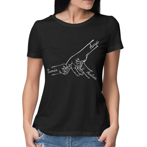 "Anya és gyermekei" feliratú női póló, kiválasztott gyermeknevekkel