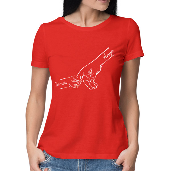 "Anya és gyermekei" feliratú női póló, kiválasztott gyermeknevekkel