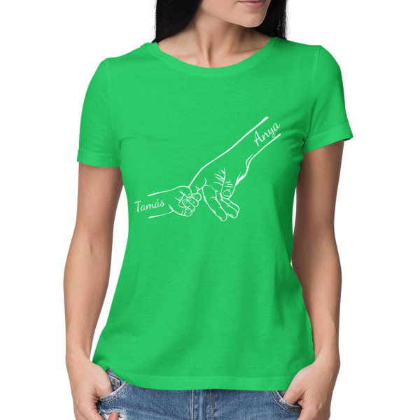 "Anya és gyermekei" feliratú női póló, kiválasztott gyermeknevekkel