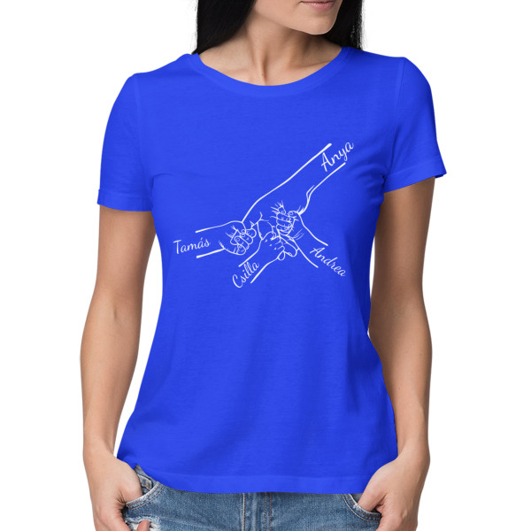 "Anya és gyermekei" feliratú női póló, kiválasztott gyermeknevekkel