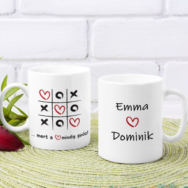 Bögre "A szerelem mindig győz" a kiválasztott nevekkel