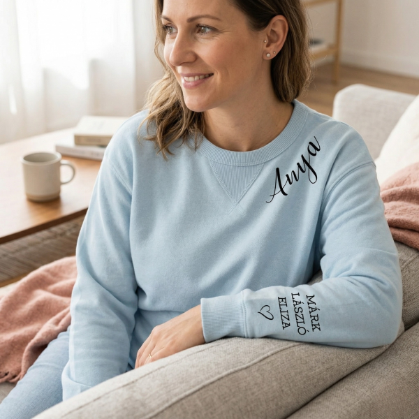 UNISEX pasztellszínű "Sully" pulóver "Anya" a gyermekek nevével a kabátujjon