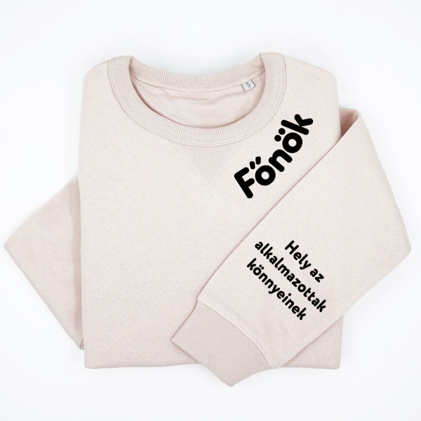 UNISEX pasztellszínű „Sully” pulóver "Főnök - az alkalmazottak könnyeiért" nyomtatással az ujján UNISEX pasztellszínű „Sully” pulóver "Főnök - az alkalmazottak könnyeiért" nyomtatással az ujján