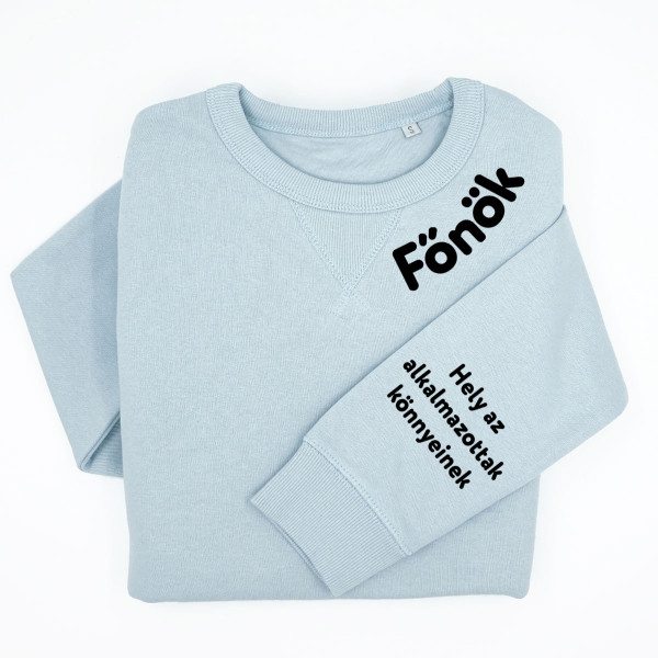 UNISEX pasztellszínű „Sully” pulóver "Főnök - az alkalmazottak könnyeiért" nyomtatással az ujján UNISEX pasztellszínű „Sully” pulóver "Főnök - az alkalmazottak könnyeiért" nyomtatással az ujján