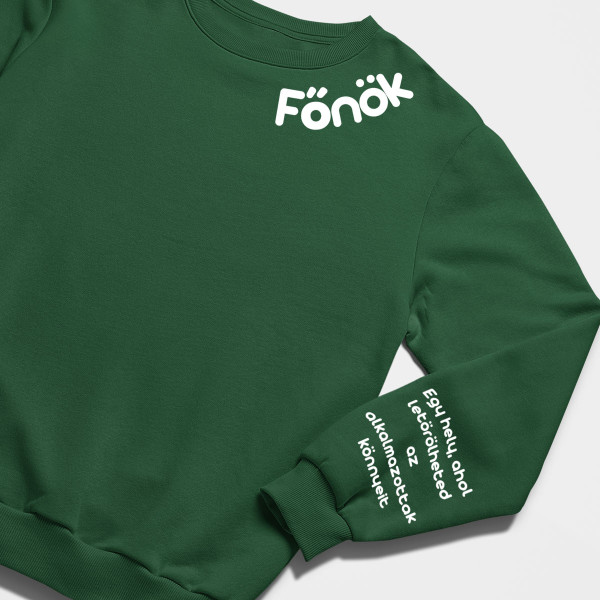 Pulóver "Főnök - az alkalmazottak könnyeiért" (kapucni nélkül) nyomtatással az ujján
