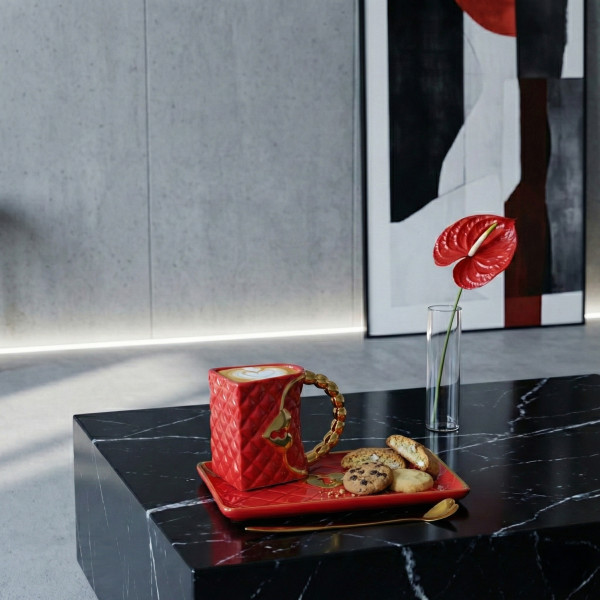 „Kézitáska” bögre csészealjjal és szív alakú kanállal