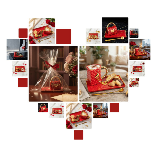 „Kézitáska” bögre csészealjjal és szív alakú kanállal