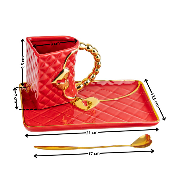 „Kézitáska” bögre csészealjjal és szív alakú kanállal