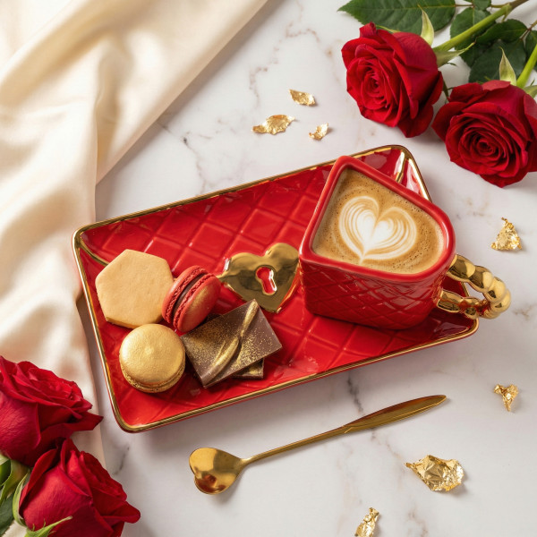 „Kézitáska” bögre csészealjjal és szív alakú kanállal