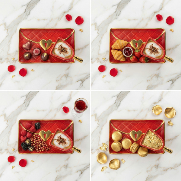 „Kézitáska” bögre csészealjjal és szív alakú kanállal