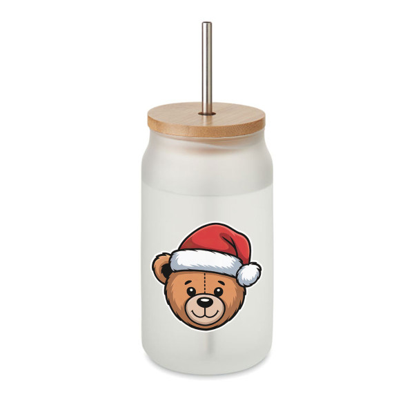 Üveg pohár fém szívószállal "Teddy bear", 400ml