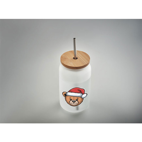 Üveg pohár fém szívószállal "Teddy bear", 400ml