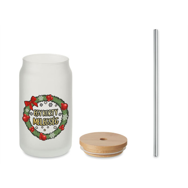 Üveg ivópohár fém szívószállal "Egy korty melegség", 400ml