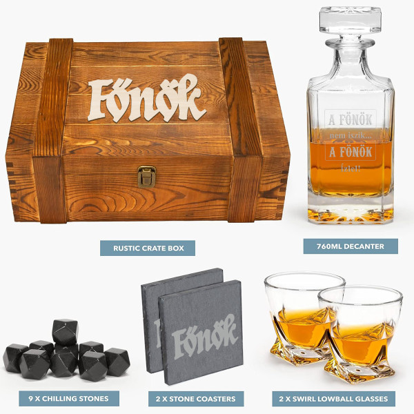 Whisky készlet fa dobozban "TORNÁDÓ - a legjobb főnöknek"